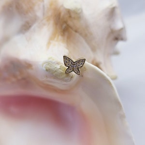 16G Gold Butterfly labret with clear CZ gems 14k plated stainless steel cartilage monroe internally threaded