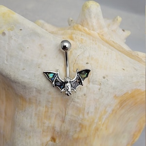 14G Bat with abalone shell accents non-dangle surgical steel belly ring