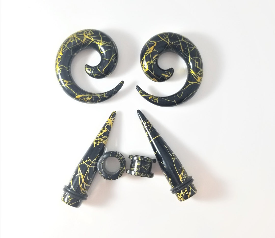 Three Pair Set of Plugs and Tapers in Black and Gold Splatter Etsy