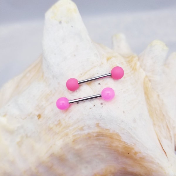 14G Matte or glossy pink arylic tongue barbell with ball ends - Single piece