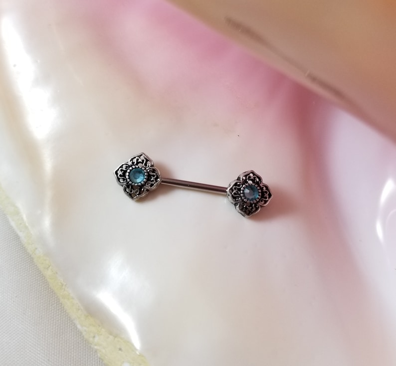 Pair of 14G antique ends nipple bars clear pink or blue crystal center stainless steel