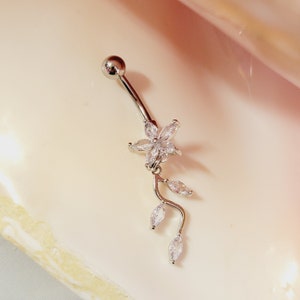 Dangle flower and leaf belly button ring - clear gem