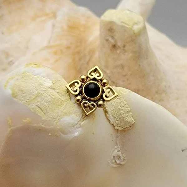 16G Filigree hearts w black onyx center gold plated stainless steel labret cartilage stud