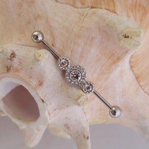 14G industrial barbell with 3 clear cubic zirconia multipave gems