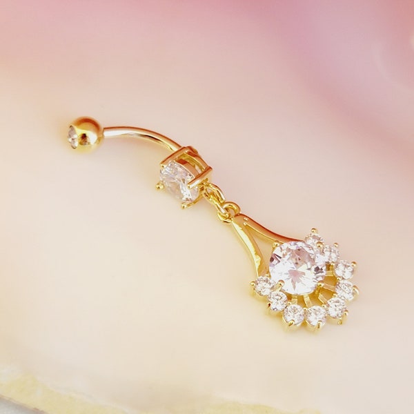 14G 14K Gold fan dangle belly ring with clear CZ