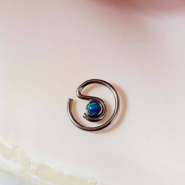 16G Titanium daith earring with blue-green fire opal embellishment