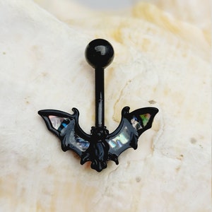 14G Black PVD bat with abalone shell accents non-dangle surgical steel belly ring