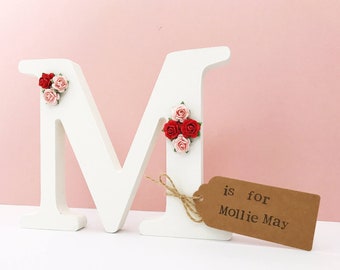 Personalised Wooden Letter - Baby Girl Gift - White with Pink and Red Flowers - Newborn Gift - Nursery Decor - Christening Gift