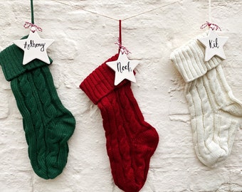 Personalised Family Christmas Stockings - Red Green Cream Mixed Colour Traditional Knitted Stockings