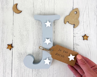 Personalised Wooden Letter- Boys Room Space Themed Decor- Grey Star Design- New Baby Gift - Christening Gift - Nursery Decor
