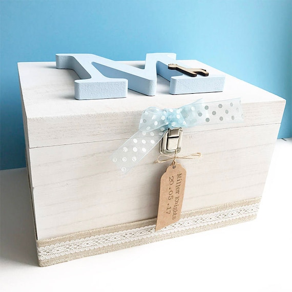 Birth Gifts Personalised and Gifts Blue Baby Elephant White Wooden Keepsake Box Baby Gift Idea Baby Cards Wedding