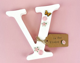 Personalised Wooden Letter- Girls Room Decor- White Butterfly and Flowers Design - New Baby Gift - Christening Gift - Nursery Decor