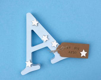 Personalised Wooden Letter- Boys Room Decor- Blue Star Design- New Baby Gift - Christening Gift - Nursery Decor