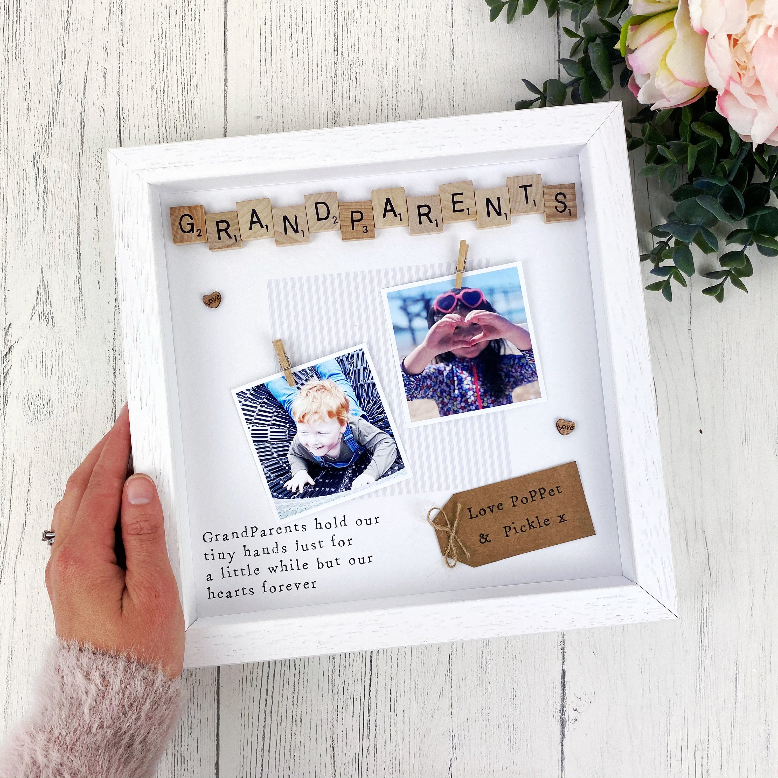Personalised Rustic Wooden Photo Frame Cube For Grandparents - Any Name!