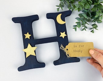 Celestial Personalised Wooden Letter- Childs Room Decor- Moon and Star Design- New Baby Gift - Christening Gift - Nursery Decor