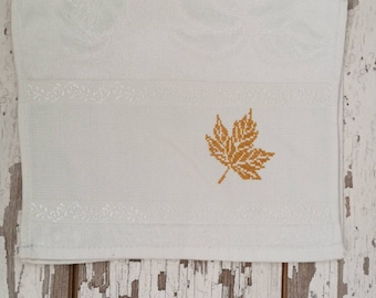 Leaf embroideried , green cross stitch Towel ,Kitchen towel , %100 Embroidery Cotton towel ,birthday favors