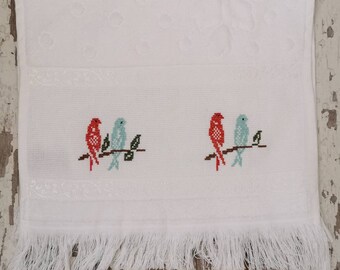 Lovely sparrow embroideried,cross stitch Towel ,Kitchen towel , %100 Embroidery Cotton towel ,birthday favors