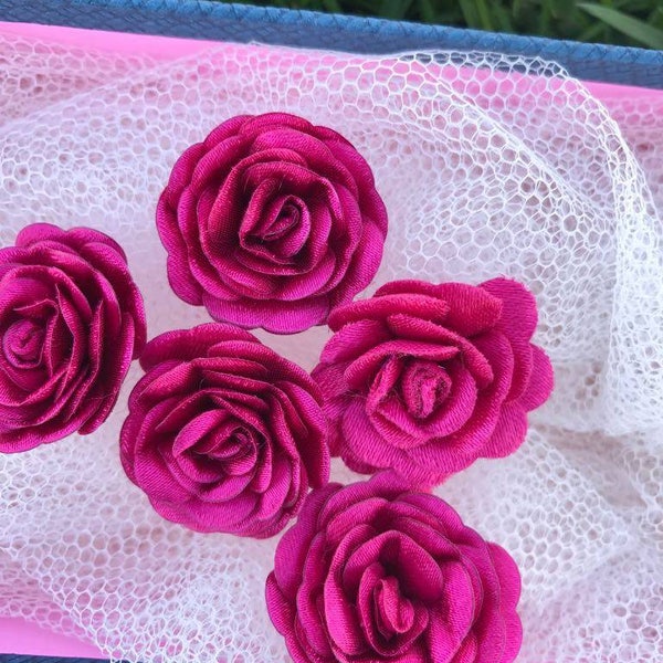 10 pcs Hot Pink Satin  Roses , Flower Aplique, 26 mm