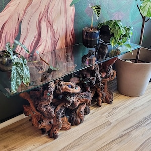 May include: A glass-top console table with a unique, rustic base made from natural wood branches. The table features a natural wood finish and is decorated with blue and green stones. The table is set against a wall with a floral mural and is surrounded by potted plants.