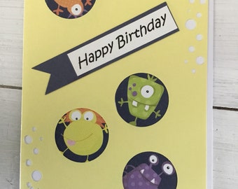 Monster birthday greeting card, handmade, happy birthday, peekaboo, childs birthday, funny monsters, circles, aliens