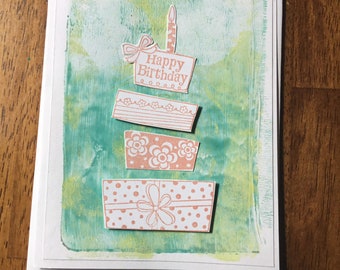 Original Mono Print Art greeting card, handmade, Birthday Cake, happy birthday blank card, 3D, lopsided cake, candle