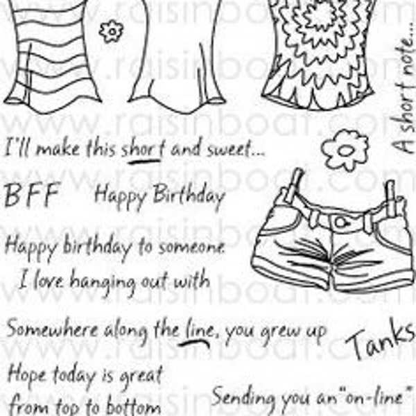 SHORT AND SWEET cling stamps by Raisin Boat, Tanks, tie dye, Clothes Line, Birthday puns, card Making