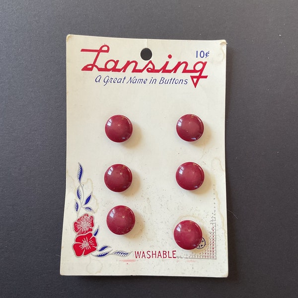 Vintage Lansing red plastic buttons, card of 6 3/8” small buttons, washable