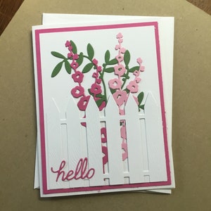Friendship Hello greeting card, handmade, Flower garden, fence, any occasion, just because, blank inside