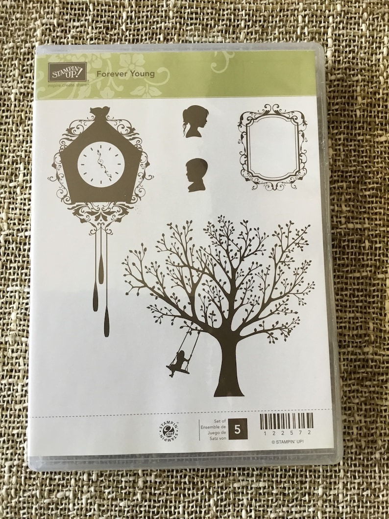 Stampin/' Up Forever Young tree but opened card making rubber stamp set for clear mounts silhouettes scrapbooking, clock swing NEW