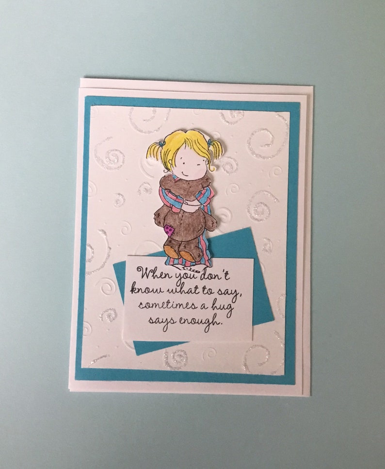 hugs handmade encouragement Support friendship greeting card get well little girl and teddy bear sympathy thinking of you