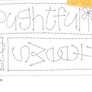 May include: A black and white image of a sewing pattern with the words "thoughtful" and "sweet" stitched in a simple font. The pattern includes a flower design and other simple shapes.