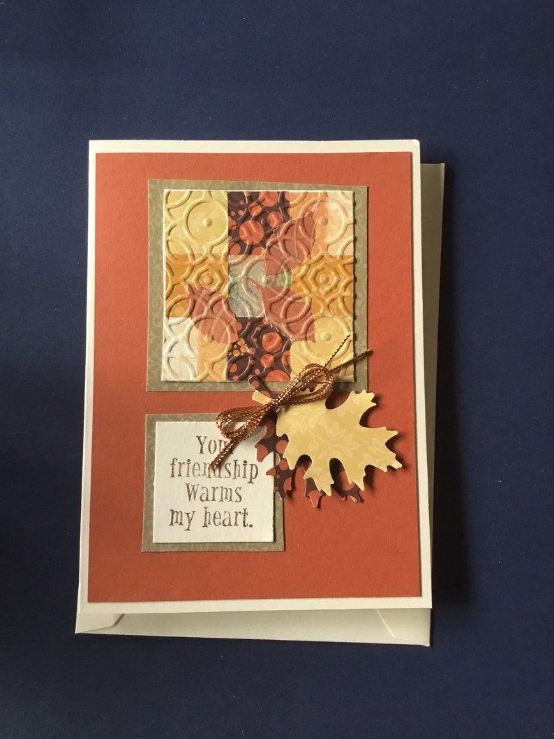 handmade blank one of a kind card leaves Autumn Quilting friendship greeting card thank you hello your friendship warms my heart