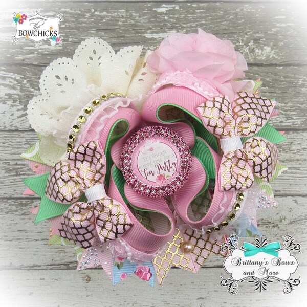Vintage Tea Party Inspired OTT Hair Bow ~ Stacked Boutique Bow ~ Over the top hairbows
