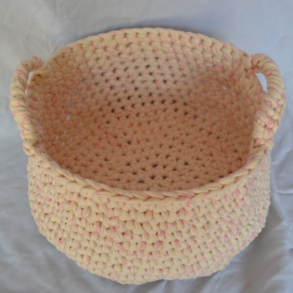 Large White and Pink Crochet Storage Basket with Handles - Upcycled Fabric