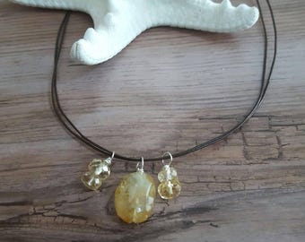 Collier Citrine, collier 2 en 1, collier y en cuir, tour de cou cuir et pierres précieuses, collier jaune, unique en son genre de bijoux,