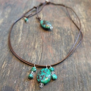 Turquoise and leather choker necklace,  adjustable lariat necklace, rustic turquoise leather necklace, 2 in 1 necklace, ooak jewelry
