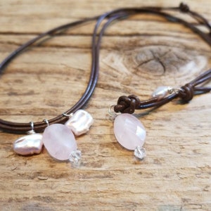 Rose quartz necklace, adjustable leather choker, gemstone and leather choker, bridesmaid gift on a budget, contemporary jewelry,