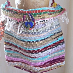 Rag rug bag, boho crossbody bag, flap bag, upcycled recycled repurposed, bohemian tote, college bookbag, graduation gift, boho shoulder bag