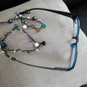 Eyeglass holder necklace, beaded eyeglass chain, crochet bead necklace, beaded lariat necklace,  bohemian layered necklace, present for her