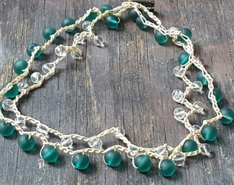 Sea glass bead necklace, boho crochet necklace, beaded lariat necklace, long or short necklace, beaded crochet bracelet, long wrap necklace
