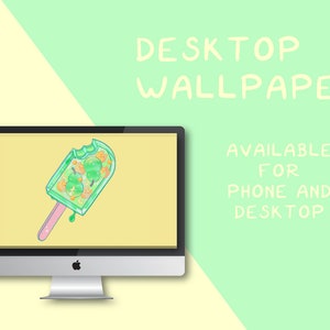 Puede incluir: Una pantalla de ordenador que muestra una paleta de hielo verde y amarilla con el texto "DESKTOP WALLPAPER" y "AVAILABLE FOR PHONE AND DESKTOP" sobre un fondo verde claro.