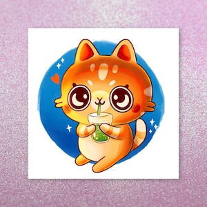 Kitty Drinking Iced Matcha Tea Print | Cute Cat Wall Art | Cute Matcha Tea Print | Wall Decor | Home Decor