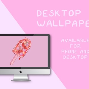 Puede incluir: Una pantalla de computadora de escritorio rosa que muestra una ilustración digital de una paleta roja con cerezas y otras frutas. El texto "DESKTOP WALLPAPER" se muestra encima de la pantalla de la computadora y el texto "AVAILABLE FOR PHONE AND DESKTOP" se muestra a la derecha de la pantalla de la computadora.