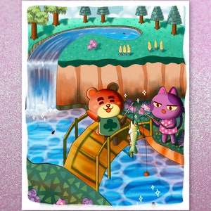 Bear and Purple Cat Print | Cute Animals Fishing Art | Cute Print | Wall Decor | Home Decor