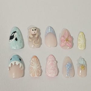 Almond shaped medium press on nails summer press on nails flower shaped nail art trendy summer nails cute nails for summer high quality nail