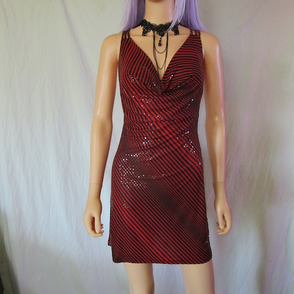 Vintage 90s M Liquid holographic Paillettes Red Black Diamonds Strappy Mini Dress Cocktail Party Clubwear Glam Rock Festival Raver Club Kid