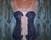 Blue Acid Wash M Crushed Denim Mesh Lace-Up Fitted Bustier Corset Top Burlesque Pin-up Fetish Glam Rock Rockabilly Rocker Biker Vintage 90s