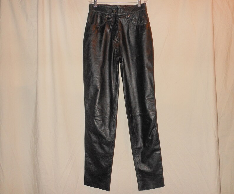 VTG HARLEY DAVIDSON 6 W26 Black Leather High Waist Straight Leg Pants 6X32 Motorcycle Biker Rock Punk Rockstar