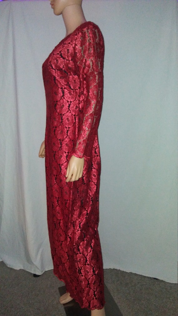 Vintage 50s 60s L XL Red Lace Overlay Sheath Glam… - image 8