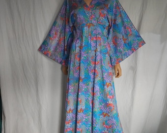 Vintage 60s 70s Gossard L MOD Floral Aqua Empire Waist Wrap Kimono Sleeve Maxi Long Dress Muumuu NightGown Hippie Boho 1970's Peasant Rare